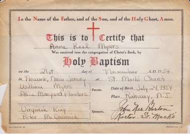 MYERS Anne Keel Baptismal Certificate 1954